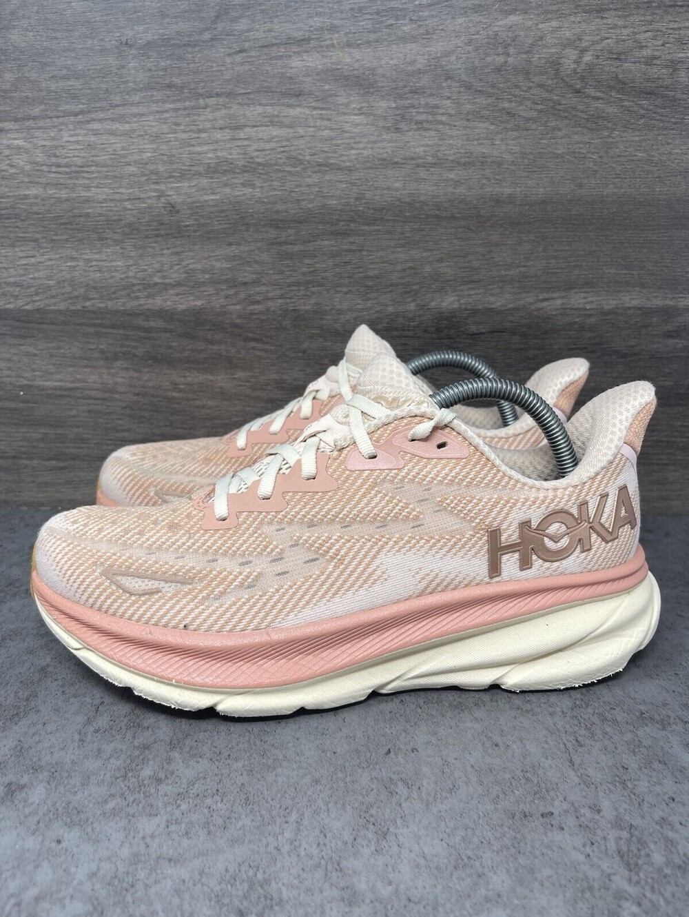 Hoka Clifton 9 Womens Size 9 Pink Beige Cushioned Road Running Walking Shoes